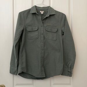 J Crew denim weight army green button top. Size XS great condition.